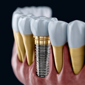 Dental implant tooth crown gum jawbone dentistry prosthesis surgery, 3D illustration of titanium screw replacing missing tooth within gum tissue