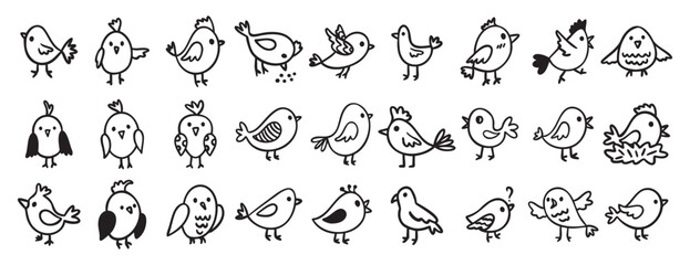 Fototapeta premium cute birds forest animal characters doodle hand drawn icon set. Outline drawing birds line clipart symbol collection