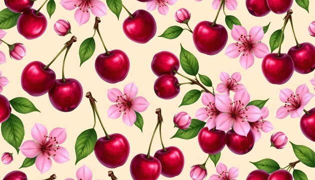Vivid Cherry Blossoms and Ripe Cherries Warm Background