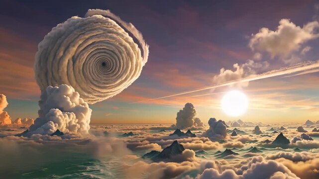 Fantasy spiral cloud sky scene tornado spectacle above sea of clouds