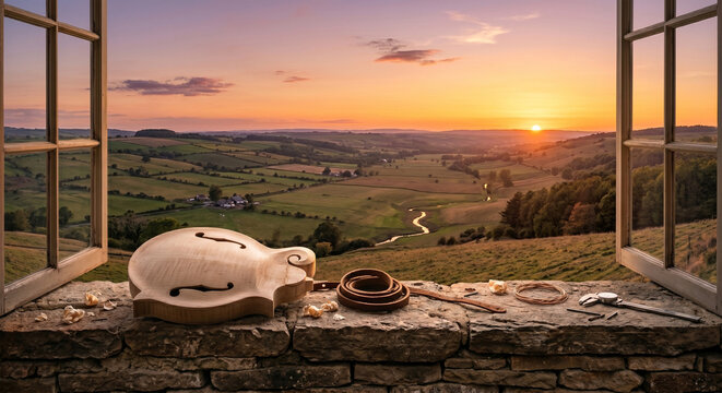 A sweeping landscape shot of a rolling countryside at sunset, with a mandolin resting on a stone wall in the foreground, overlooking a peaceful valley.