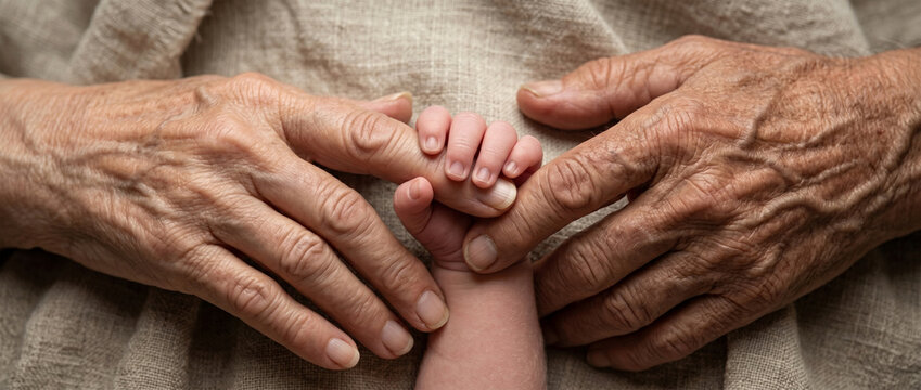 A conceptual, high-definition photograph focusing on three hands: the wrinkled, strong hand of an elderly Abraham, the soft, aged hand of Sarah, and a tiny newborn baby's hand 