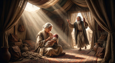 Obraz premium &nbsp;A dramatic, low-angle digital painting capturing Abraham entering a warmly lit tent, his hands lifted in praise and awe as he looks at his wife Sarah holding their miracle son, Isaac. 
