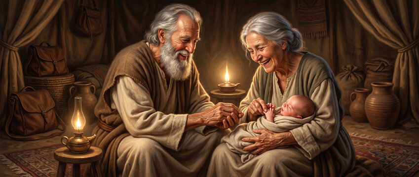An intimate digital art piece showing Abraham and Sarah sitting together on a woven mat, gently playing with their newborn baby&rsquo;s tiny fingers. 