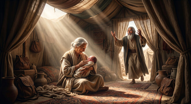 &nbsp;A dramatic, low-angle digital painting capturing Abraham entering a warmly lit tent, his hands lifted in praise and awe as he looks at his wife Sarah holding their miracle son, Isaac. 