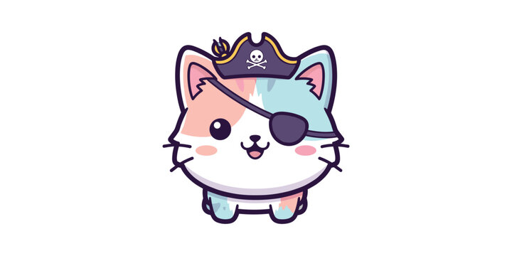 Cute cartoon pirate cat wearing eye patch and hat vector illustration with illustration character whimsical childish creative colorful isolated background adventure cheerful