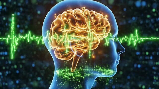 Digital human head with glowing brain and binary background