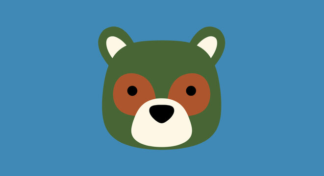 Green bear character face with colorful eye patches
