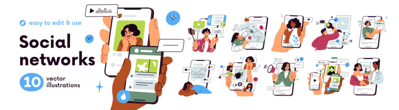 Social media, network set. Blogging, digital content, promotion. Influencers, creators live streaming on phone screen with audience engagement. Flat vector illustrations isolated on white background