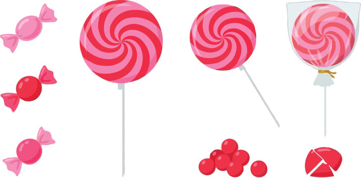 Sweet pink swirl lollipop vector illustration set with wrapped hard candies striped sugar suckers on sticks drop balls isolated on white background