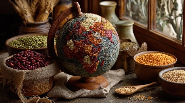 Globe adorned with dried lentils and seeds, surrounded by bowls of beans and grains