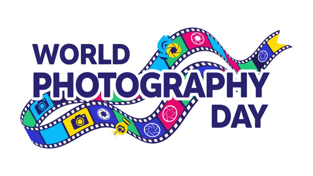 World Photography Day Celebration: A vibrant graphic design commemorates World Photography Day with a flowing film strip adorned with camera icons and colorful frames.