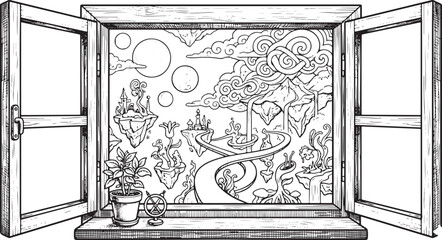 Obraz premium Black and white vintage engraving style illustration of an open window frame looking out onto a magical fantasy world with floating islands, many moons, and a winding road