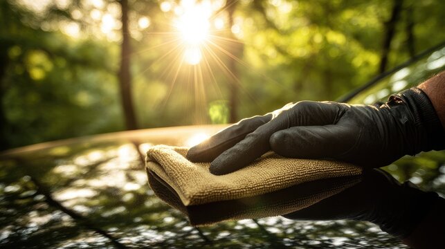 Gloved hand buffs shiny vehicle surface in sunlit forest
