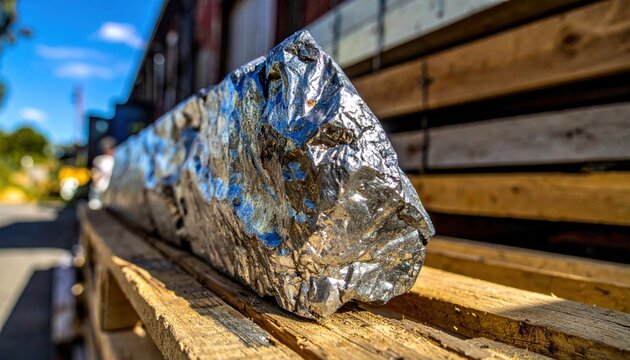 Unpolished chunk of zinc ore with a rough, metallic texture resting on wooden planks.