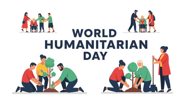 World Humanitarian Day: A vibrant illustration depicts acts of kindness and compassion for World Humanitarian Day, showcasing people helping others and planting trees to foster a better future.