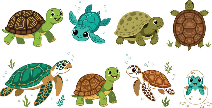Cute sea turtle and tortoise cartoon character vector illustration set with different poses swimming hatching from egg isolated on white background