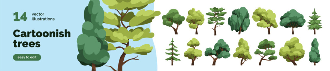Obraz na płótnie Canvas Different deciduous and coniferous trees set. Various forest plants with trunks and large canopies, crowns. Summer wood. Green nature. Botanical flat vector illustration isolated on white background