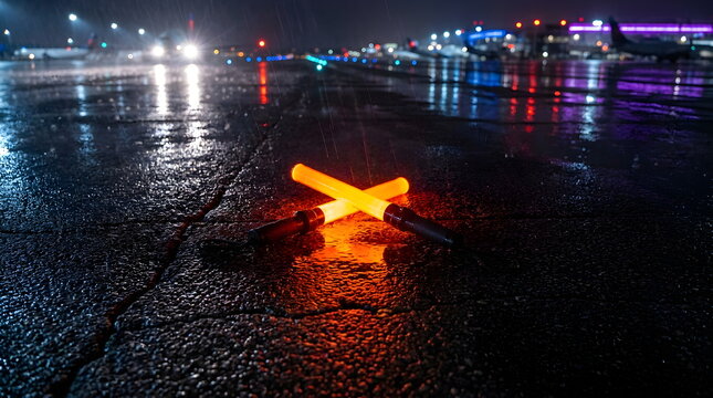 Glowing orange aircraft marshalling wands crossed on wet airport tarmac at night