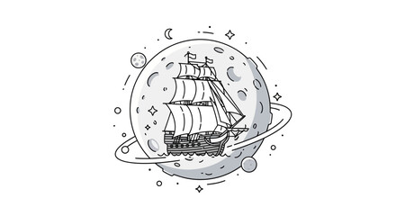 Fantasy Sailing Ship Navigating Orbit Around Moon with Stars and Planets © Akun