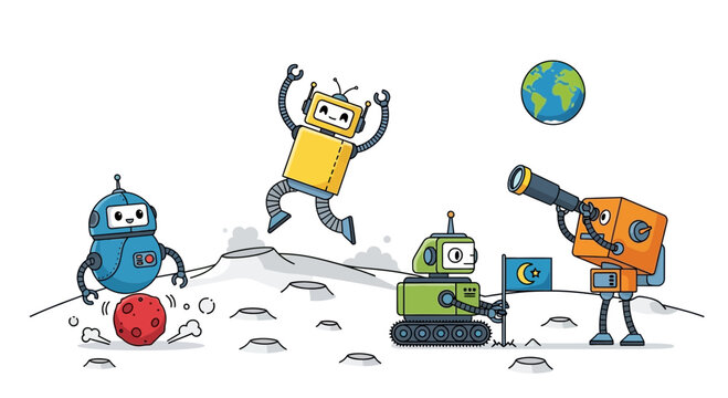 Cute Robots Exploring Moon Surface with Earth and Telescope