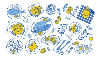 Amalfi Italian summer Mediterranean food illustration set fish dishes, pizza slices, pasta and cheese lemons in blue and yellow sketch style vacation doodle style whimsical Hand drawn sketch line art © EvgeniiasArt