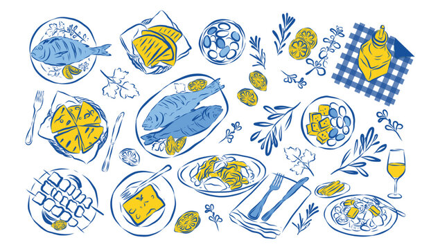 Amalfi Italian summer Mediterranean food illustration set fish dishes, pizza slices, pasta and cheese lemons in blue and yellow sketch style vacation doodle style whimsical Hand drawn sketch line art