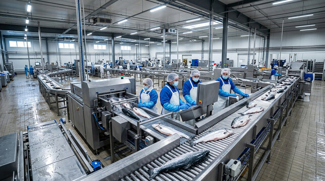 Professional workers in protective gear manage an automated salmon processing line in a clean industrial facility.