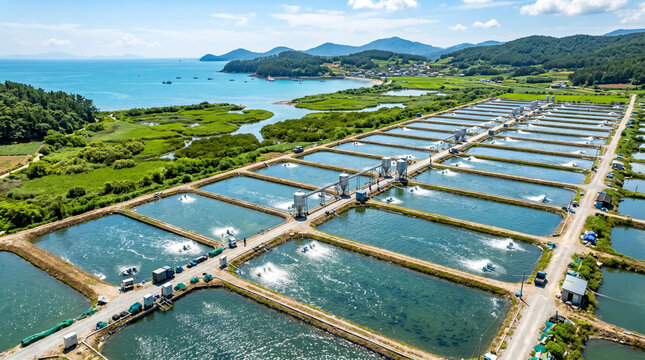 A high-angle drone perspective of a sustainable coastal aquaculture facility featuring multiple aerated ponds for large-scale seafood production.