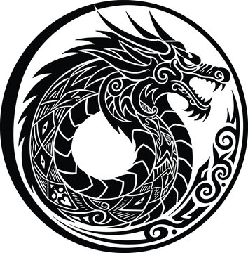 Tribal dragon circle design, detailed mythical creature illustration, fantasy tattoo art, ornamental dragon emblem, decorative vector, powerful beast symbol