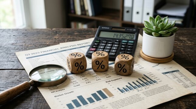 Office desk with calculator, percentage blocks, and financial charts