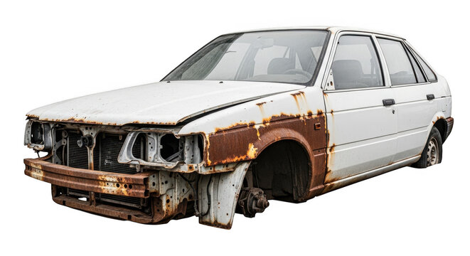 Abandoned Rusty Car with Missing Parts on White Background