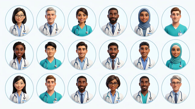 Diverse group of medical professionals in a grid format, showcasing a variety of ethnicities and genders