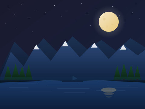 Langit malam dengan bintang-bintang manual (bukan generated noise)
Bulan penuh dengan gradasi hangat dan detail kawah halus
Gunung berlapis dengan snow cap
Hutan pinus siluet kiri dan kanan
Danau deng
