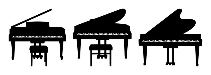 Obraz premium Black silhouette, white background: piano set with simple line art design featuring outline, illustration, graphic elements with clean design and vector art