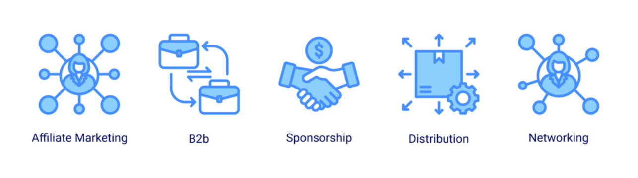 Affiliate network icon set with sponsorship,distribution,and partnership icons for business collaboration and marketing growth projects.