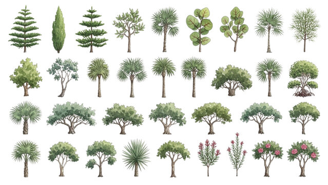 Coastal and Marine Climate Trees Watercolor Collection for Tropical Landscape Architecture