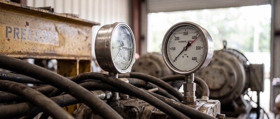 Fototapeta premium Industrial pressure gauge hydraulic system measuring high pressure on heavy machinery in a factory workshop, featuring steel valves, black hoses, analog dials, and mechanical engineering equipment.