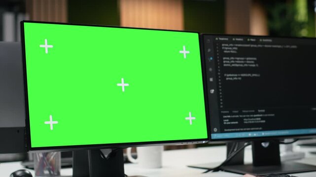Isolated screen PC used by engineer in tech office developing apps. IT expert using deep learning to do coding on mockup computer, debugging apps, close up.