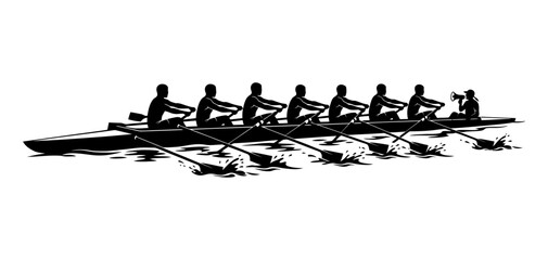 Black silhouette vector illustration of a rowing team paddling in sync, representing teamwork, competition, endurance, and water sports. © Bagus