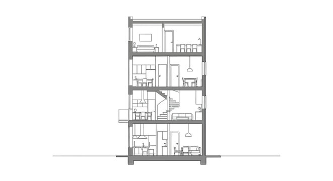 Detailed architectural section drawing of a multi-story modern residential building with internal layout and floor plans