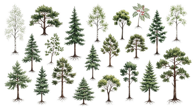 Nordic Tree Species Collection Vector Pack with Scandinavian Forest Trees and Root Systems