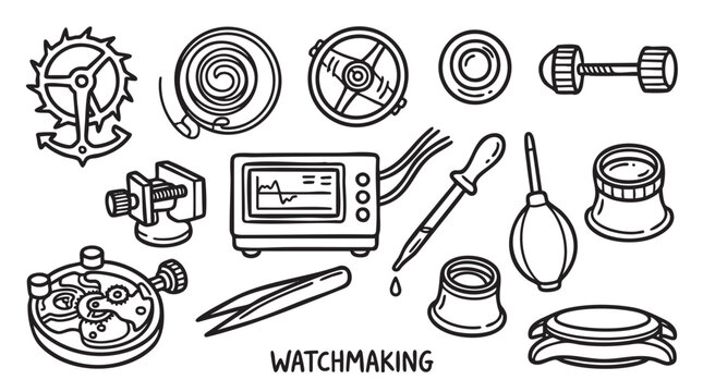 Collection of watchmaking tools and watch parts illustrated with black and white line art.