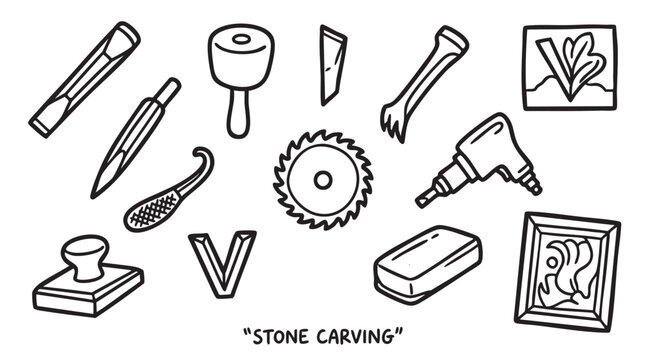 Set of stone carving tools and finished artwork illustrated with black and white line art.