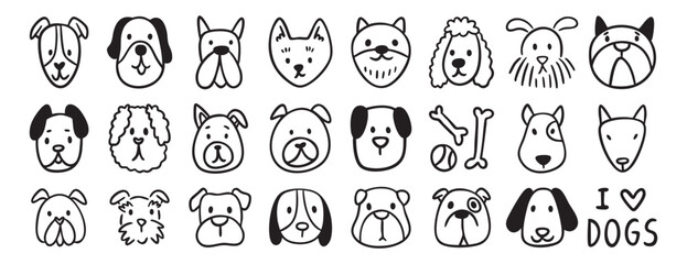 Dog doodle set, hand drawn puppy vector cute face animal clip art, children illustration, beagle husky bulldog, coloring, vet © Yanka