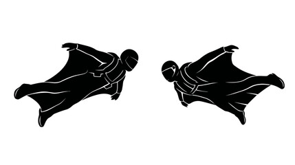 Black silhouette vector set of skydivers in freefall positions, ideal for extreme sports, parachuting, and adventure-themed projects. © Bagus