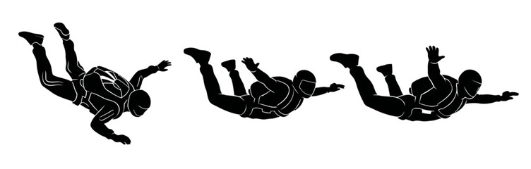 Black silhouette vector set of skydivers in freefall positions, ideal for extreme sports, parachuting, and adventure-themed projects. © Bagus