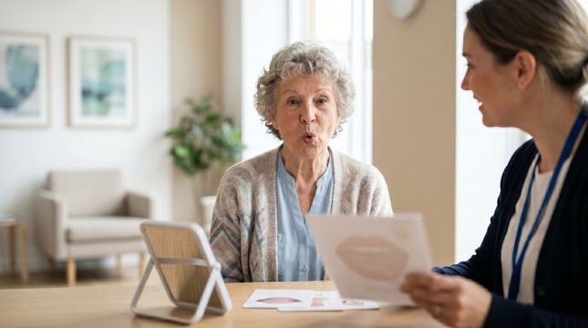 Senior woman doing speech therapy exercises with therapist. Elderly patient practicing articulation with mouth movements. Speech pathologist helping woman improve pronunciation and voice.