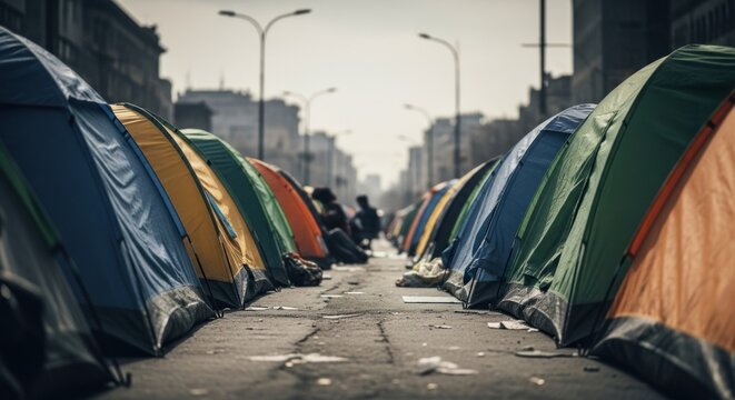 Makeshift Refugee Camp Set Up on City Street Amidst Urban Decay.