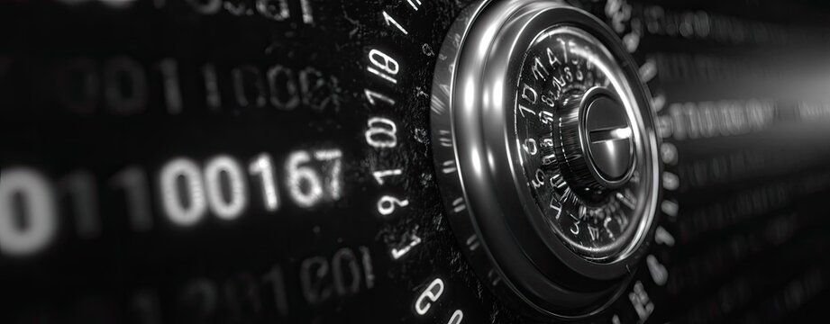 Close-up of a security combination lock surrounded by binary code